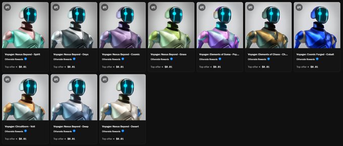 Grid of Voxger neural network showcase images featuring various robotic figures with titles like 'Voxger Neurox Beyond - Spirit' and 'Chromate Reward', all marked as 'Top offer + $0.01'.