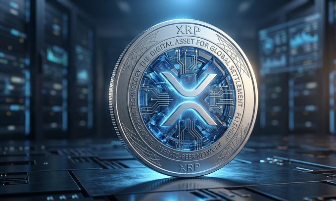 A silver XRP cryptocurrency coin featuring the iconic "X" logo and inscriptions including "XRP," "THE DIGITAL ASSET FOR GLOBAL SETTLEMENT," and "PEER-TO-PEER NETWORK" rests on a circuit board, symbolizing the technological infrastructure supporting Ripple's ambitious price targets.