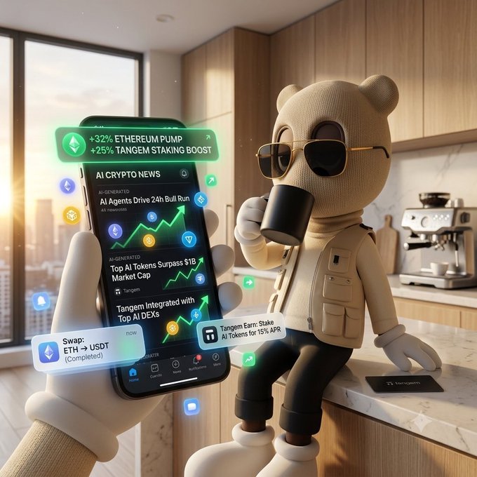 AI-generated image of a knitted teddy bear wearing sunglasses, drinking coffee in a kitchen while holding a smartphone displaying crypto news, with overlays showing '+32% ETHEREUM PUMP', '+25% TANGEM STAKING BOOST', and a completed 'Swap: ETH → USDT' transaction.
