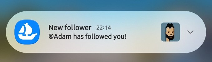 A social media notification showing 'New follower 22:14 - @Adam has followed you!' with a pixelated character icon.