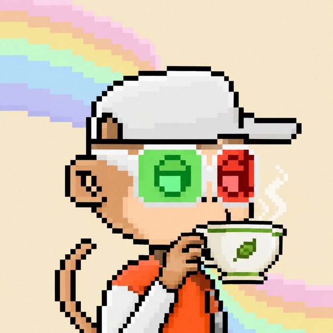A pixel art illustration of a monkey character wearing a white cap and goggles with green and red lenses, drinking tea from a teacup against a pastel rainbow background.