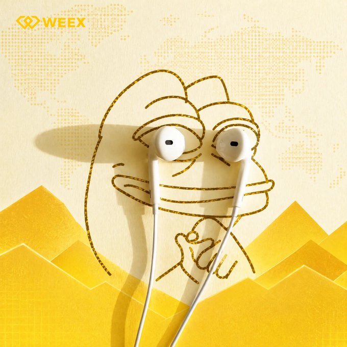 The image shows a cartoon character with the WEEX logo, featuring a pair of white earbuds whose placement resembles the character's eyes, set against a yellow background with a world map and mountain silhouettes. The "WEEX" branding in the top-left corner reinforces the caption "There will be signs..." as a clever visual play on the earbud "signs" doubling as the character's eyes.