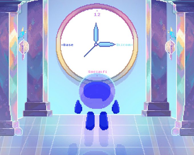 A retro pixel-art style image featuring a large clock with labels '-Base', 'OLICOM', and 'SocialFi', positioned above a small blue character on a tiled floor flanked by decorative pillars.