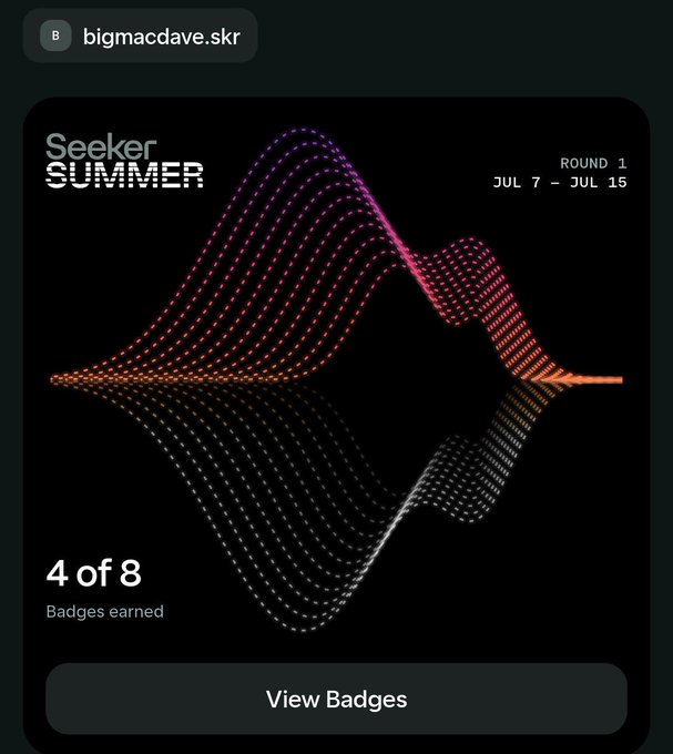 A Seeker app interface showing a 'Seeker SUMMER' badge for Round 1 (JUL 7 - JUL 15), indicating '4 of 8 Badges earned' with a colorful wave-like graphic.