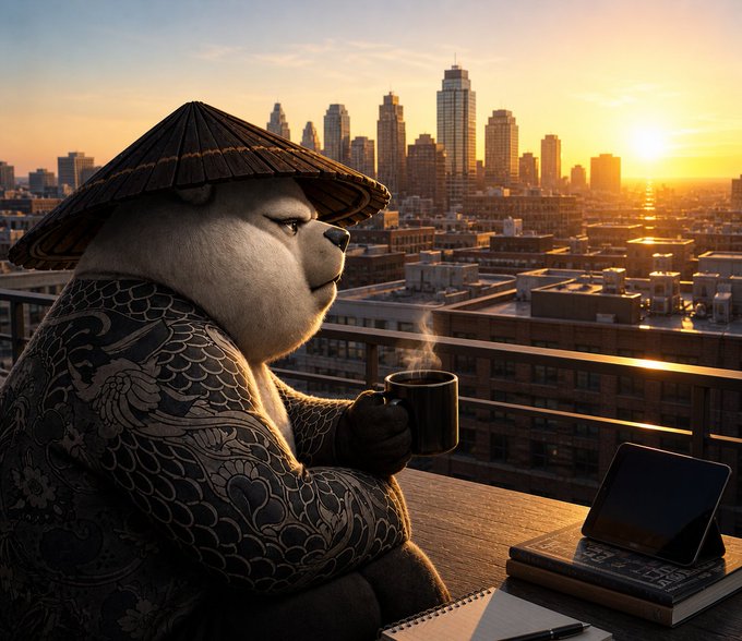 In this colorful poster featuring a white and black bear wearing a traditional Chinese hat, the focus is on a coffee cup being held by the bear as he sits near other books and a tablet device. The city backdrop and the bright sunset provide an interesting contrast against each other, highlighting the attention-grabbing elements of the image like the coffee cup in the foreground or the city setting in the background. The main message of the poster seems to be on the importance of reading, learning, and the impact of Solana's RWA ecosystem with record-breaking tokenized assets.