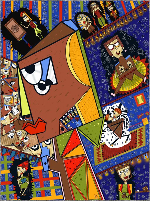 Colorful abstract mixed-media artwork featuring geometric face shapes, cartoon characters, and decorative symbols in vibrant blues, oranges, greens, and reds.