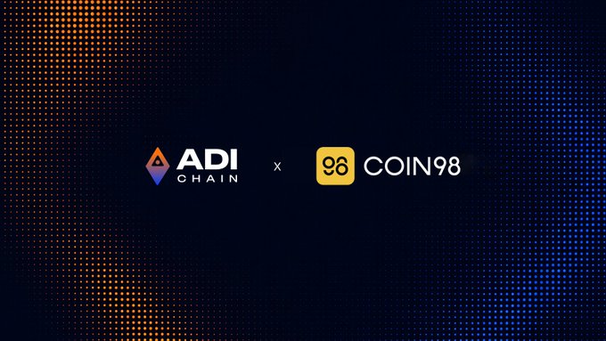 The image features an advertisement for Coin98, which is a self-custody wallet accessible through the Coin98 app. The text on the image reads "ADI is now available on Coin98, one of the largest self-custody wallets in the market. The listing extends direct access to 10 million users across 170+ countries." This advertisement highlights the partnership between ADI and Coin98, showcasing their collaboration for a digital economy that aims to reach one billion people by 2038.