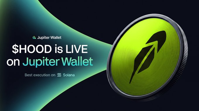 The image announces "$HOOD is LIVE on Jupiter Wallet" with "Best execution on Solana" as a tagline, featuring a stylized green coin with a quill/feather logo on a dark background with green lighting effects. This promotional graphic directly supports the announcement of $HOOD being available for onchain trading through the Jupiter Wallet extension.
