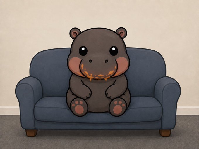 A cartoon illustration of a cute baby hippo with a messy, food-stained face sitting on a dark blue couch.
