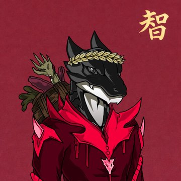 A black anthropomorphic wolf character wearing a red hooded cloak and a golden laurel wreath, with the Chinese character "智" (wisdom/intelligence) in the upper right corner.