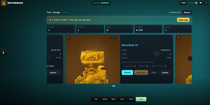 A screenshot of a dark-themed digital interface for a 'Garage' in a game called Motorheads, showing crates, rewards, and player stats.