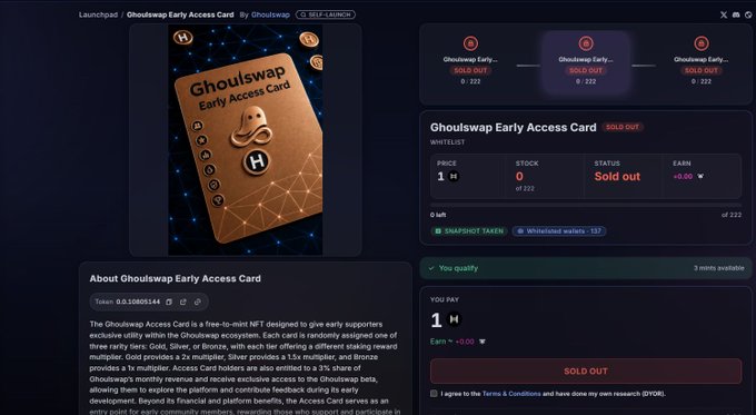 The image shows a "Sold Out" notification for the "Ghoulswap Early Access Card" NFT collection on SentX, with a price of 1 $H and 0 out of 222 remaining, indicating the successful sellout mentioned in the post about on-boarding new users to the Hedera ecosystem.