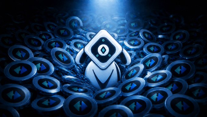 A 3D rendering of a white robot-like figure stands among numerous dark blue circular tokens bearing a geometric diamond logo.