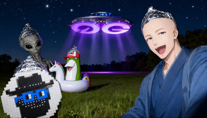 The image features a man dressed in a blue robe, standing next to an alien wearing a hat with a silver foil covering his head. The scene also includes a large purple and white UFO hovering above them. In the background, there are two other objects - one is a small white object resembling a snowman or a penguin, while the other is a larger white object that resembles a boat. The image has a post-it note with text on it, which reads "$CLAWDSPIRACY — THE BUREAU IS ACTIVATING Discord opens THIS weekend next week here's what the degens on the team just leaked: Bankr x 0G integration sealed Clawdspiracy already runs on 0G’s private LLMs ( pc.0g.ai/playground)."