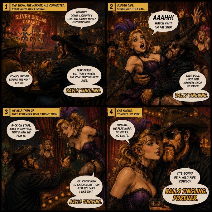 A four-panel comic strip set in a Wild West saloon featuring characters with speech bubbles including repeated text like "BALLS TINGLING" and dialogue about a "SILVER DOLLAR CABARET."