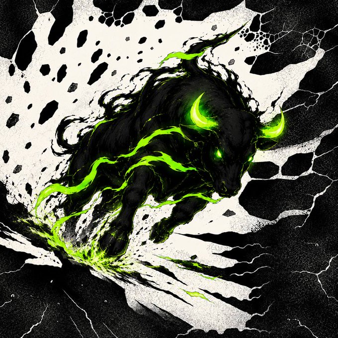 Digital artwork of a powerful black bull with glowing green horns and eyes, bursting forward with green energy tendrils against a cracked black-and-white background.