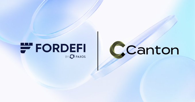 The image displays the logos of Fordefi (by Paxos) and Canton side by side against a light blue, bubble-like background, visually representing a partnership or collaboration between the two brands as referenced in the post.