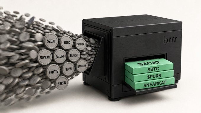 A black "brrr" vault device ingests a massive stream of meme coin tokens ($ZCAT, $BTC, $PURR, $SNARKCAT, $SALLINU, $RAYCAT, $KNKTS, $SOVI, $SPELLGATED, $BRRR), outputting consolidated green stacks of the top four ($ZCAT, $BTC, $PURR, $SNARKCAT). The image visually represents the "BRRfication" concept of filtering the overwhelming flood of 30,000–45,000 new Solana tokens launching daily into permissionless token vaults, allowing devs and communities to lock tokens as a public signal of conviction.