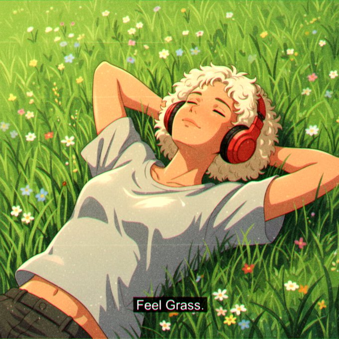 A stylized anime-style illustration shows a curly-haired person lying in a grassy field wearing red headphones, with the caption 'Feel Grass.' at the bottom.