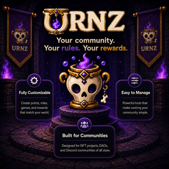 An infographic for URNZ featuring a skull-shaped urn with purple flames, marketed with the tagline 'Your community. Your rules. Your rewards.' highlighting features like Fully Customizable, Easy to Manage, and Built for Communities (NFT projects, DAOs, Discord communities).