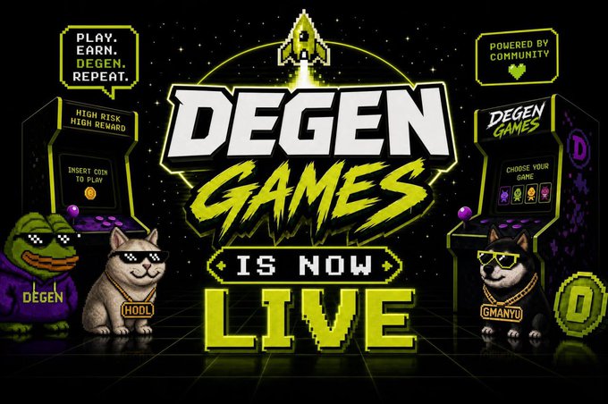 A retro 8-bit style promotional graphic announcing 'DEGEN GAMES IS NOW LIVE' with the slogans 'PLAY. EARN. DEGEN. REPEAT.' and 'POWERED BY COMMUNITY', featuring arcade machines and characters labeled 'DEGEN', 'HODL', and 'GMANYU'.