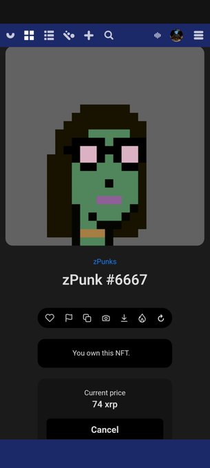 A screenshot of an NFT marketplace listing for "zPunk #6667," showing a pixelated green-skinned female character with long dark hair, currently priced at 74 XRP and owned by the user, which complements the tweet's reference to a ZPunk NFT project on the XRP Ledger.