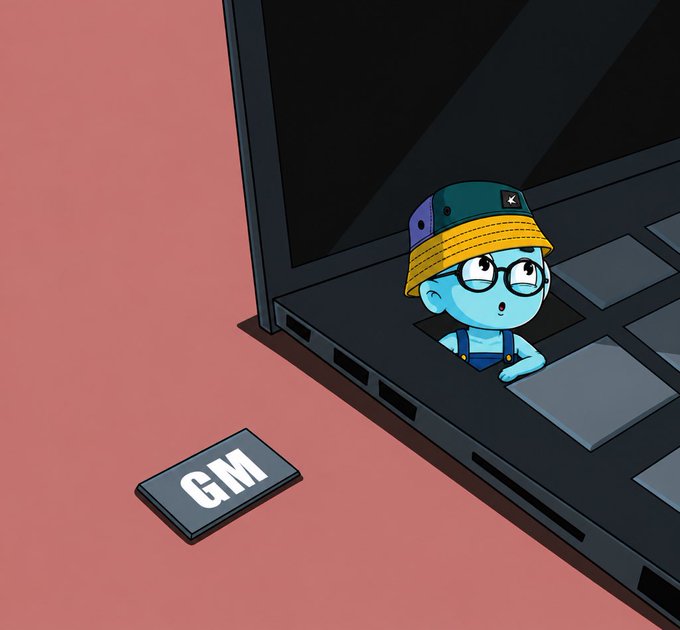 A cartoon character with blue skin, glasses, and a yellow and green bucket hat is emerging from the keys of a black laptop, with a small rectangular key labeled "GM" sitting nearby on a pink surface.