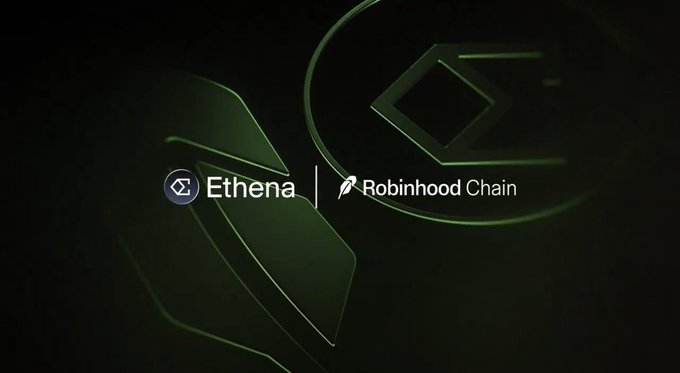 The image displays a promotional graphic featuring the Ethena and Robinhood Chain logos against a dark green background, visually representing the new partnership announced in the post where Robinhood has selected Ethena ($ENA) as the foundation for their on-chain crypto earn product.