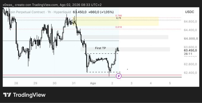 A TradingView chart of the Bitcoin Perpetual Contract (BTC/USDC) on Hyperliquid shows the price at 63,450.0, up +660.0 (+1.05%), with a "First TP" (Take Profit) target marked near 63,600, illustrating the successful execution of the trader's bullish plan as noted in the caption.