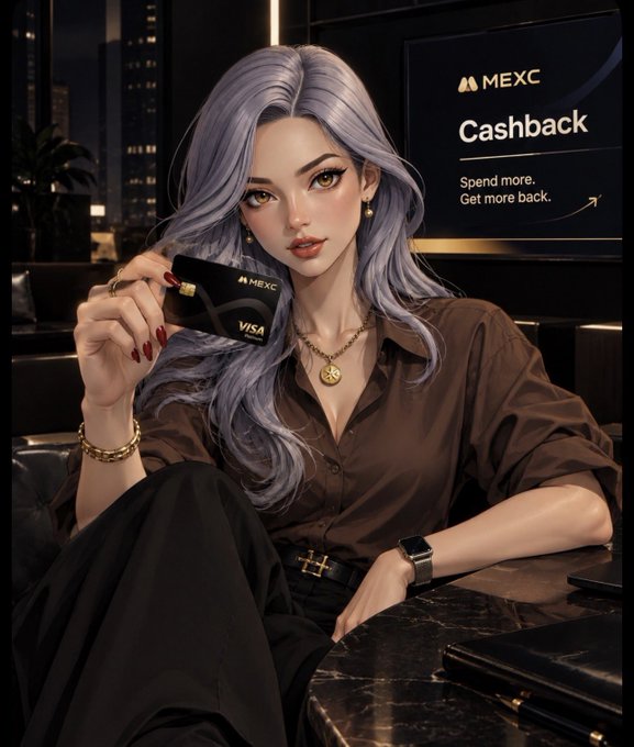 An anime-style digital illustration depicts a woman with purple hair holding a MEXC Visa card, with a "Cashback - Spend more. Get more back." advertisement in the background.