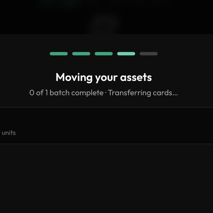 Dark loading screen showing progress bars and the text 'Moving your assets - 0 of 1 batch complete · Transferring cards...'