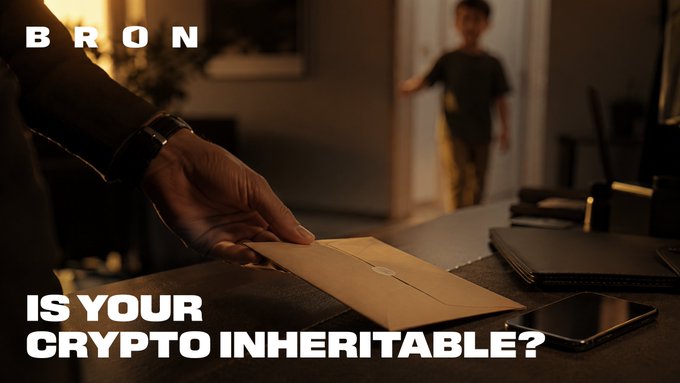 A person hands a sealed envelope across a desk while a child approaches in the background, illustrating the post's message about crypto inheritance—assets left behind without accessible keys or instructions for family to recover them. Text reads "BRON" and "IS YOUR CRYPTO INHERITABLE?"