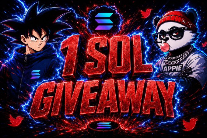 A promotional graphic features a Dragon Ball character (Goku) and a panda character wearing an 'APPIE' shirt, flanking the text '1 SOL GIVEAWAY' with Solana and Twitter logos.