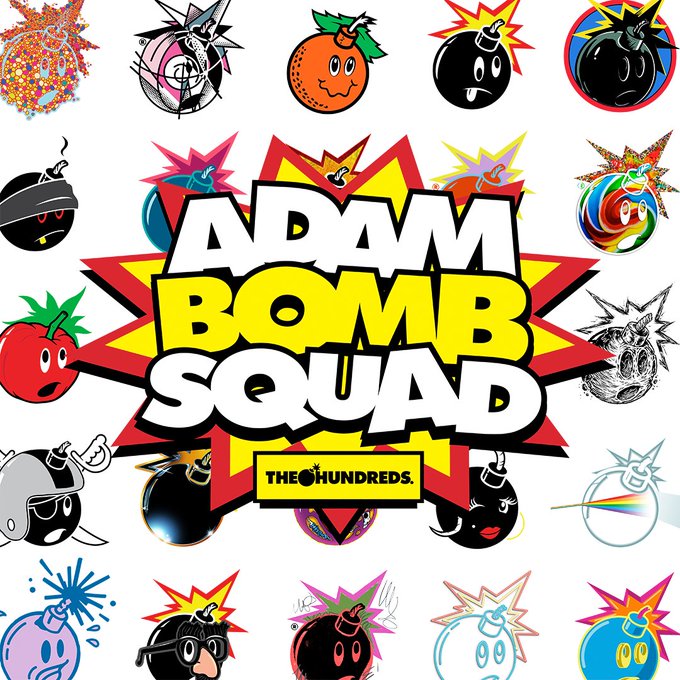 A graphic for 'ADAM BOMB SQUAD' in bold yellow and white lettering against a red star, with 'THE HUNDREDS.' logo below, surrounded by cartoon bomb characters.