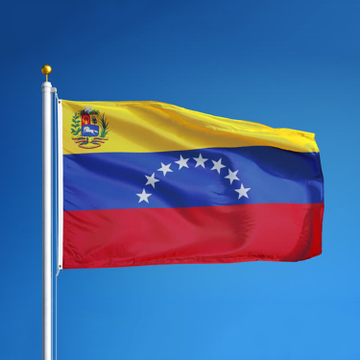 The Venezuelan flag (yellow, blue, and red horizontal stripes with stars and coat of arms) waving on a flagpole against a clear blue sky.
