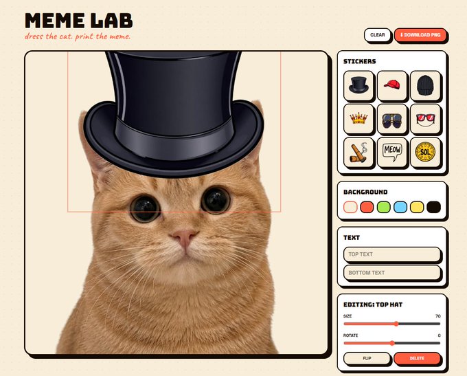 'Meme Lab' meme generator interface showing an orange cat with a black top hat, with options for stickers (including MEOW and SOL coins), background colors, top/bottom text, and editing controls for the hat.