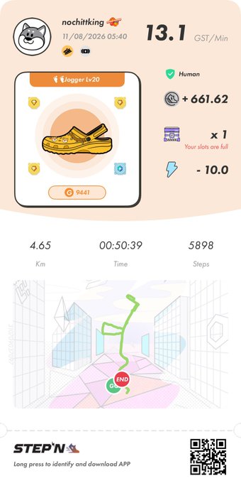 A STEPN fitness app screenshot dated 11/08/2026 shows a 'Jogger Lv.20' sneaker earning 13.1 GST/Min, with stats showing 4.65 km, a time of 00:50:39, and 5898 steps.