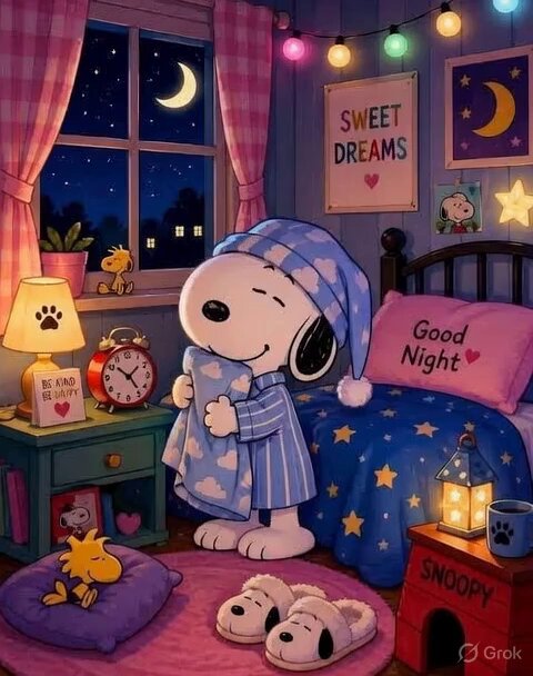 The image features a cartoon character, likely Snooey the Sheep, standing in front of his bed with a pillow over his head. The room has a pink wall and a window that lets in moonlight, creating a cozy atmosphere. There is also a clock on the wall and a dog figurine sitting next to Snooey's bed.

The post includes text about AI building apps and the owner of the chain. It seems like there might be an AI-generated image or illustration related to Snooey and his bedroom, possibly as part of a creative project or promotional material for an app or service.