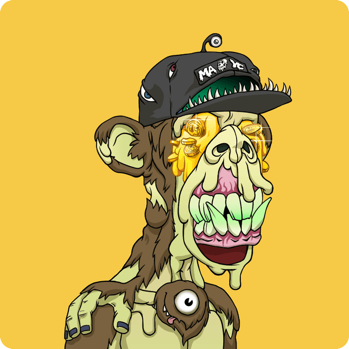 Cartoon illustration of a green, grotesque monster character wearing a backwards cap with a monstrous face on it, featuring gold coins in its eyes.