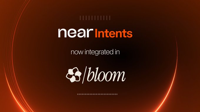 A promotional graphic with a dark orange background announces that 'near Intents' is now integrated in '/bloom'.