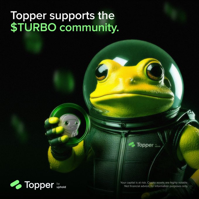 An advertisement featuring a frog in an astronaut helmet holding a TURBO coin, with text reading "Topper supports the $TURBO community" and "Topper by uphold" branding, plus a disclaimer about crypto risks.