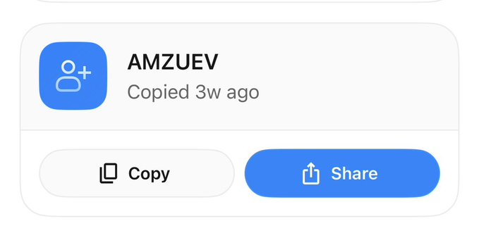 A digital interface screenshot showing a copied code/referral 'AMZUEV' with options to Copy or Share.