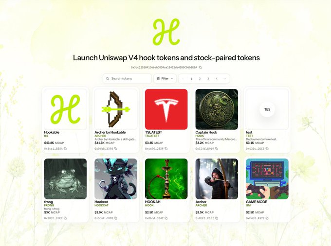 A screenshot of the Uniswap V4 hook tokens interface showing various memecoin listings including 'Hookable', 'Archer by Hookable', 'TSLATEST', 'Captain Hook', and 'test' with their respective market caps.