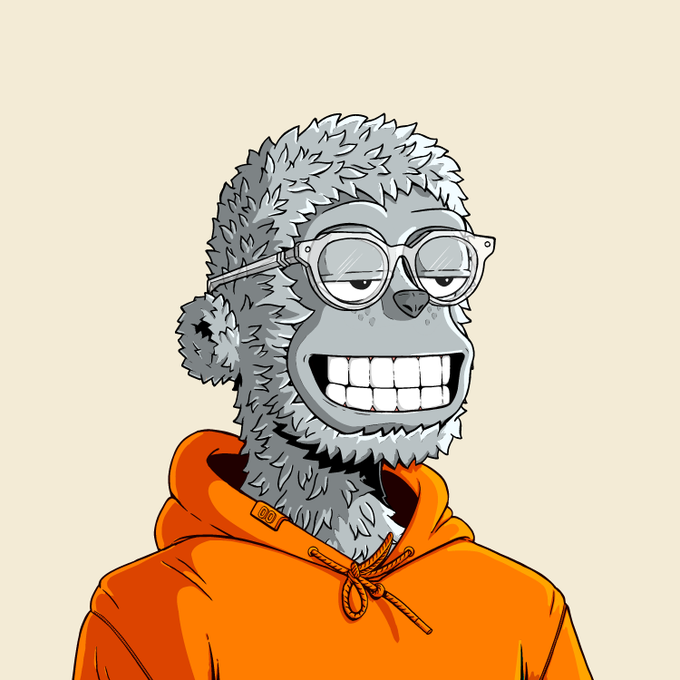 A cartoon illustration of a furry gray gorilla-like creature wearing glasses and an orange hoodie, grinning widely against a pale yellow background.