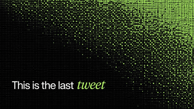 A graphic with a green dotted halftone pattern on black reads 'This is the last tweet' in white and green text.