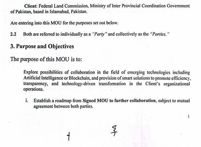 A Memorandum of Understanding document from the Federal Land Commission, Ministry of Inter Provincial Coordination Government of Pakistan, based in Islamabad, outlining collaboration on emerging technologies including AI and Blockchain. This relates to the post "Agent Forge 🤝🏻 🇵🇰" as it appears to showcase a partnership agreement between Agent Forge and a Pakistani government entity to explore technology-driven transformation.