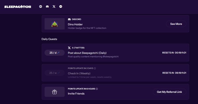 A Sleepagotchi dashboard displays a Discord role holder badge for "Dino Holder" and a "Daily Quests" section featuring three tasks: posting about Sleepagotchi on X/Twitter for 25 points, a weekly Check In for 25 points, and an "Invite Friends" referral task—all reinforcing the post's message about easily completing simple daily missions to earn rewards.