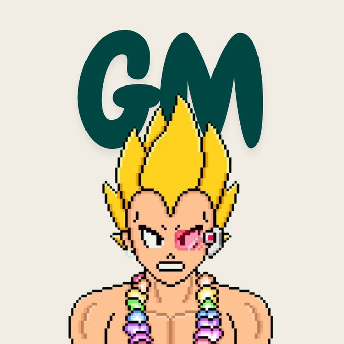 A pixel art illustration of a character with spiky yellow hair resembling Super Saiyan, wearing a scouter over one red eye and beaded accessories, with the letters 'GM' above.