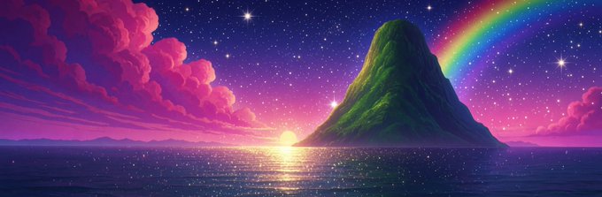 A vibrant digital illustration of a starry night sky with pink and purple clouds, a glowing green mountain, a rainbow, and a sunset reflecting over the ocean.
