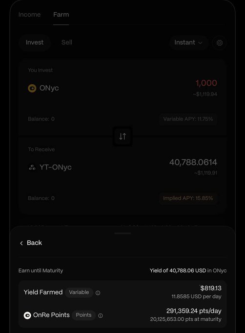 A dark-themed crypto app screenshot showing an invest page for ONyc with 1,000 invested to receive 40,788.0614 YT-ONyc, featuring Variable APY of 11.75% and yield farming details.